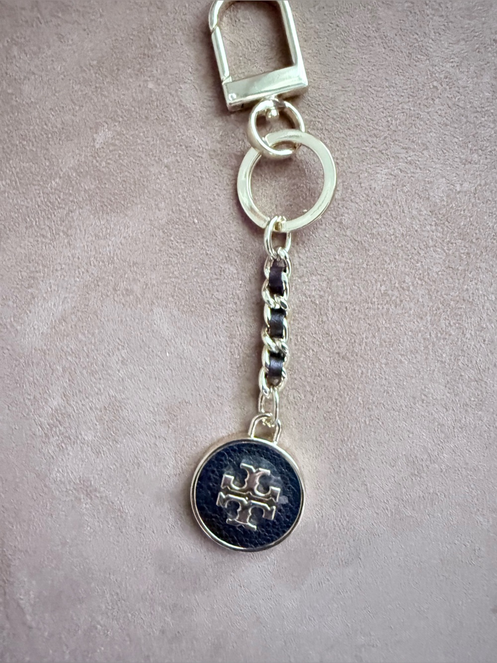 Tory Burch Navy Leather and Gold Circle Logo Key Ring